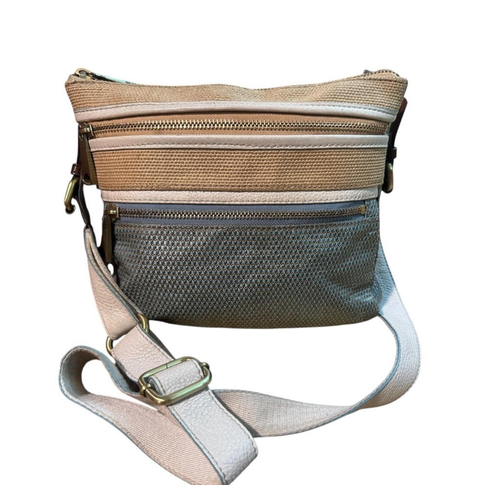 Fossil Tan and Gray Crossbody Bag with Layered Design
